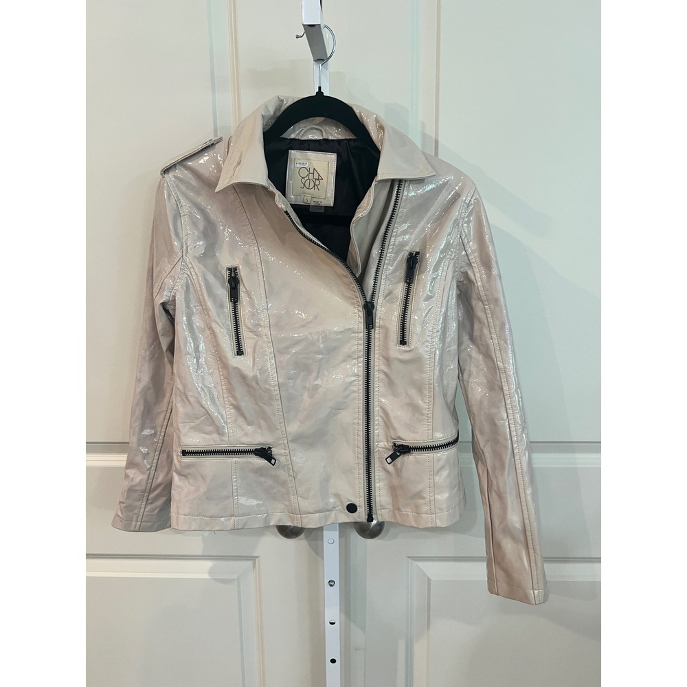 Chaser Women's Cream Patent Faux Leather Moto Biker Jacket  Size Small MSRP $129